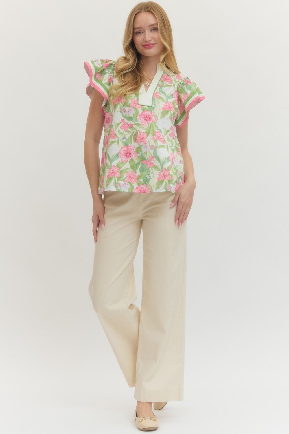 ENTRO INC Women's Top Floral print flutter sleeve top