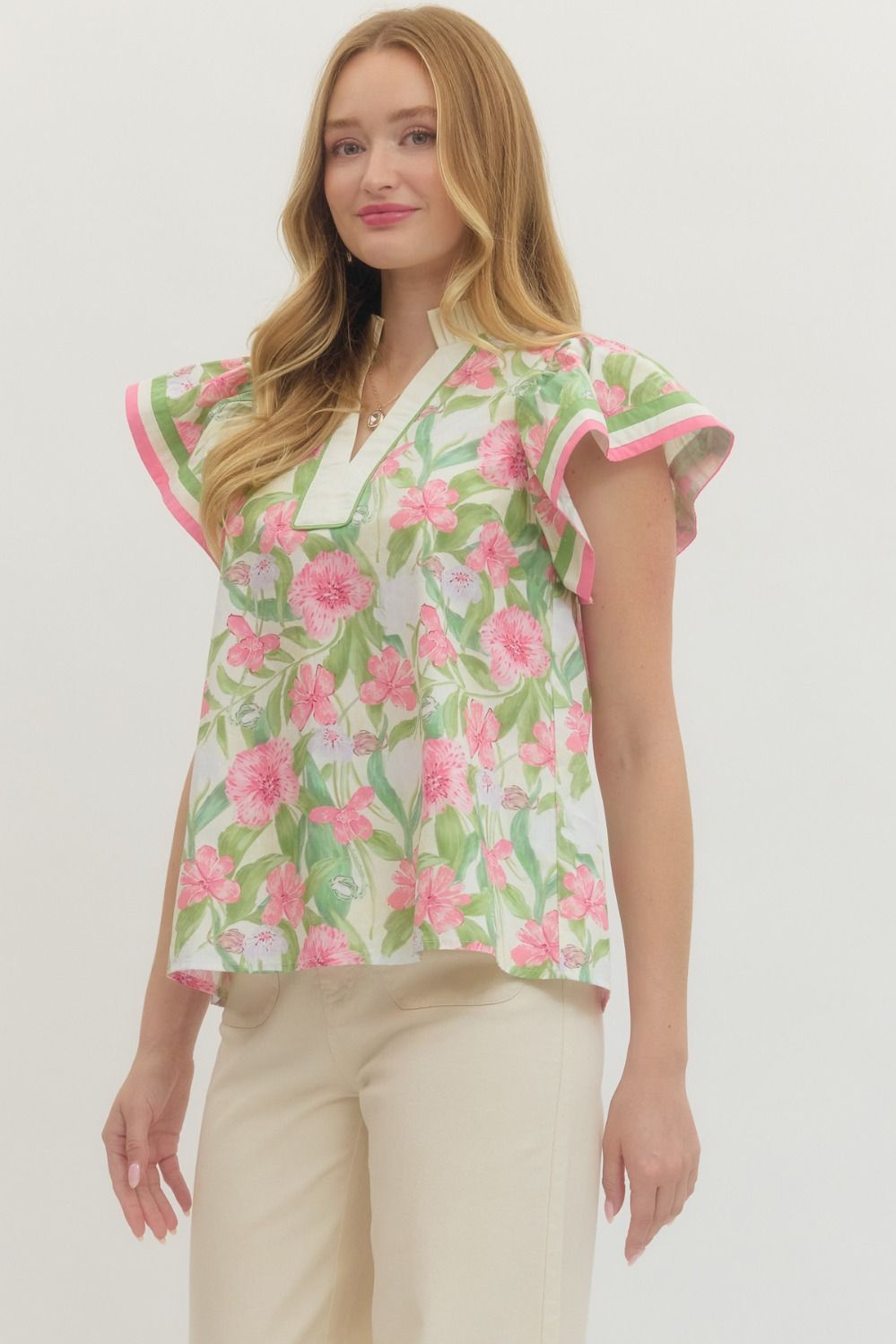 ENTRO INC Women's Top Floral print flutter sleeve top