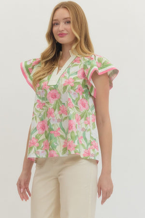ENTRO INC Women's Top Floral print flutter sleeve top