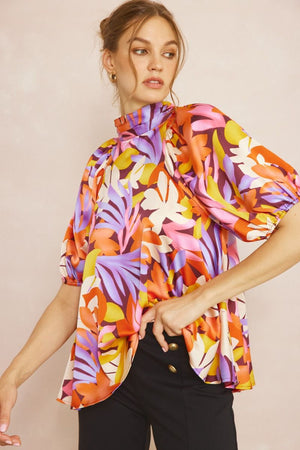ENTRO INC Women's Top Floral Print High Neck Short Sleeve Top || David's Clothing