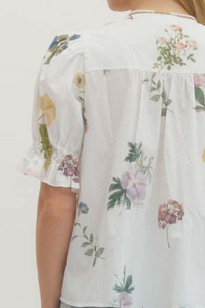 ENTRO INC Women's Top Floral Print Short Puff Sleeve Blouse