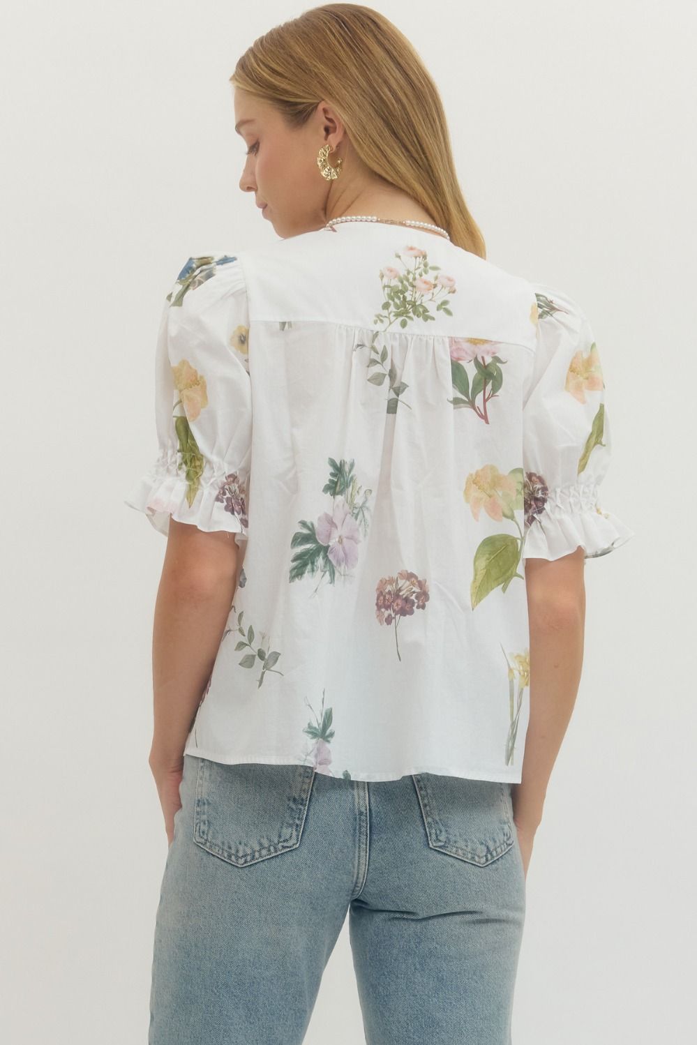 ENTRO INC Women's Top Floral Print Short Puff Sleeve Blouse