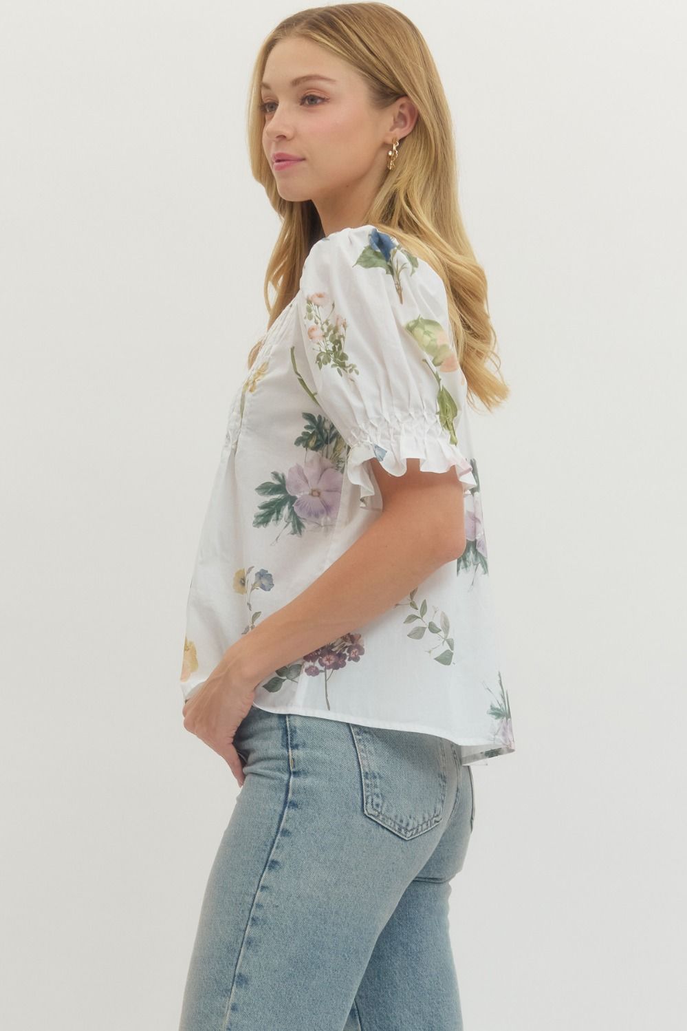 ENTRO INC Women's Top Floral Print Short Puff Sleeve Blouse