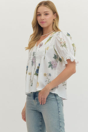 ENTRO INC Women's Top Floral Print Short Puff Sleeve Blouse