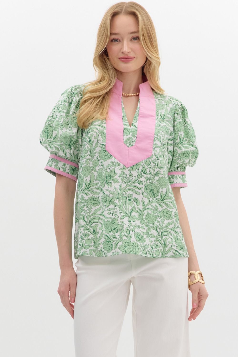 ENTRO INC Women's Top Floral Print Short Puff Sleeve Pullover Top || David's Clothing