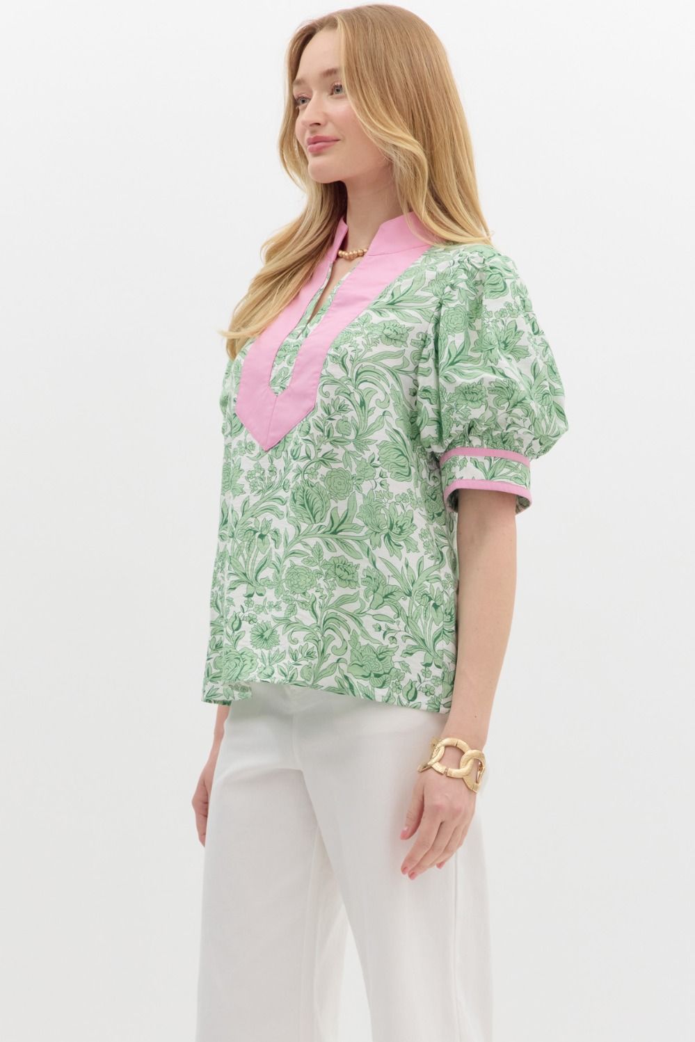 ENTRO INC Women's Top Floral Print Short Puff Sleeve Pullover Top || David's Clothing