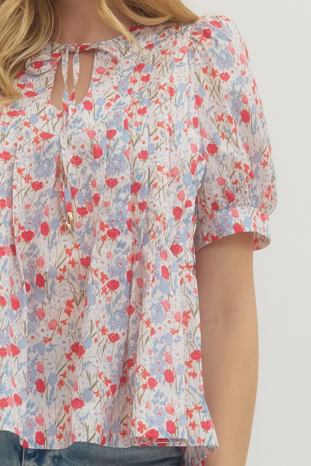 ENTRO INC Women's Top Floral Print Short Puff Sleeve Top