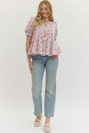 ENTRO INC Women's Top Floral Print Short Puff Sleeve Top