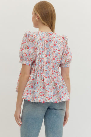 ENTRO INC Women's Top Floral Print Short Puff Sleeve Top