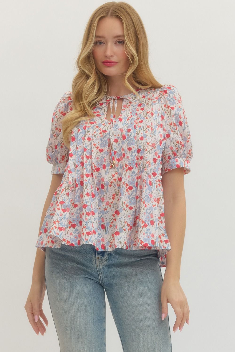 ENTRO INC Women's Top Floral Print Short Puff Sleeve Top