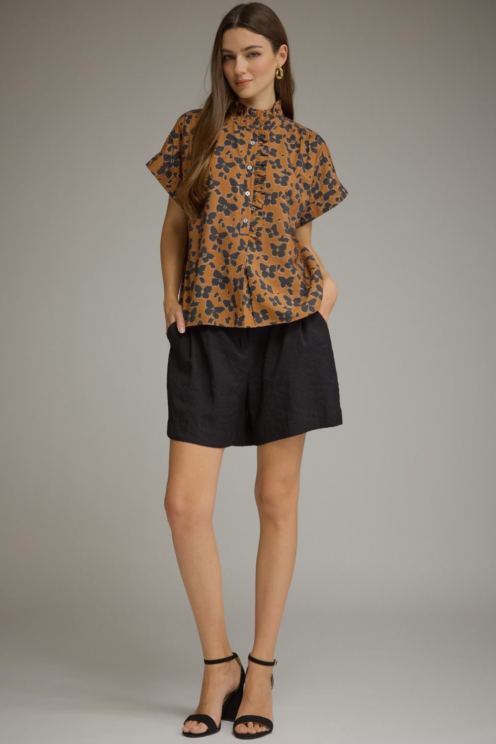 ENTRO INC Women's Top BROWN / S Floral Print Short Sleeve Top T33002