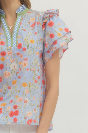 ENTRO INC Women's Top Floral Print Tiered Flutter Sleeve Top