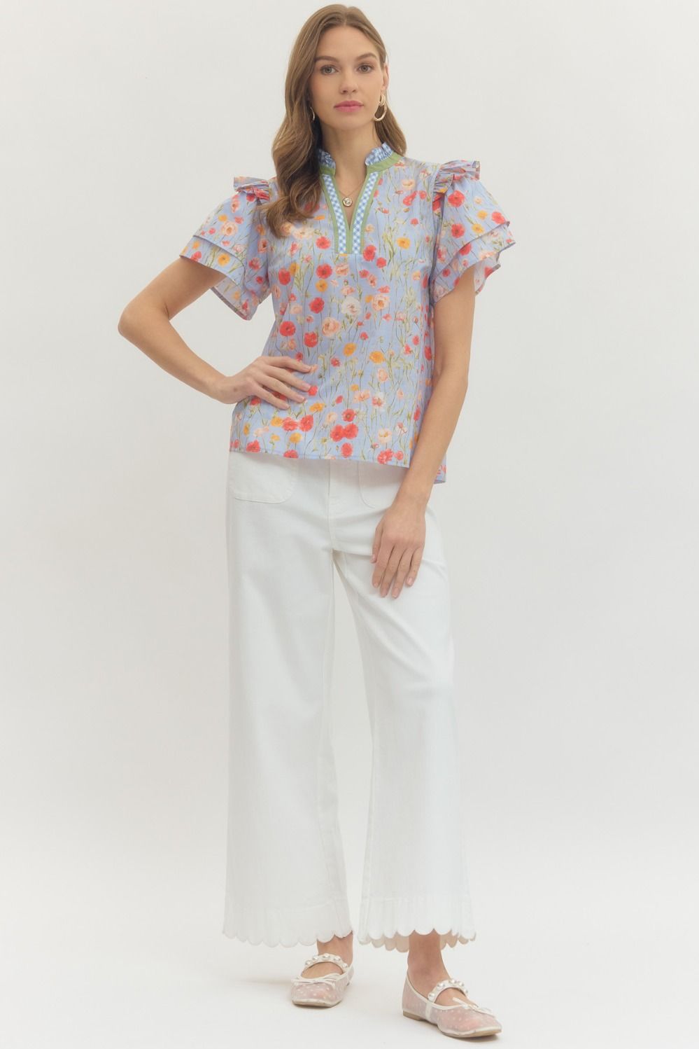 ENTRO INC Women's Top Floral Print Tiered Flutter Sleeve Top