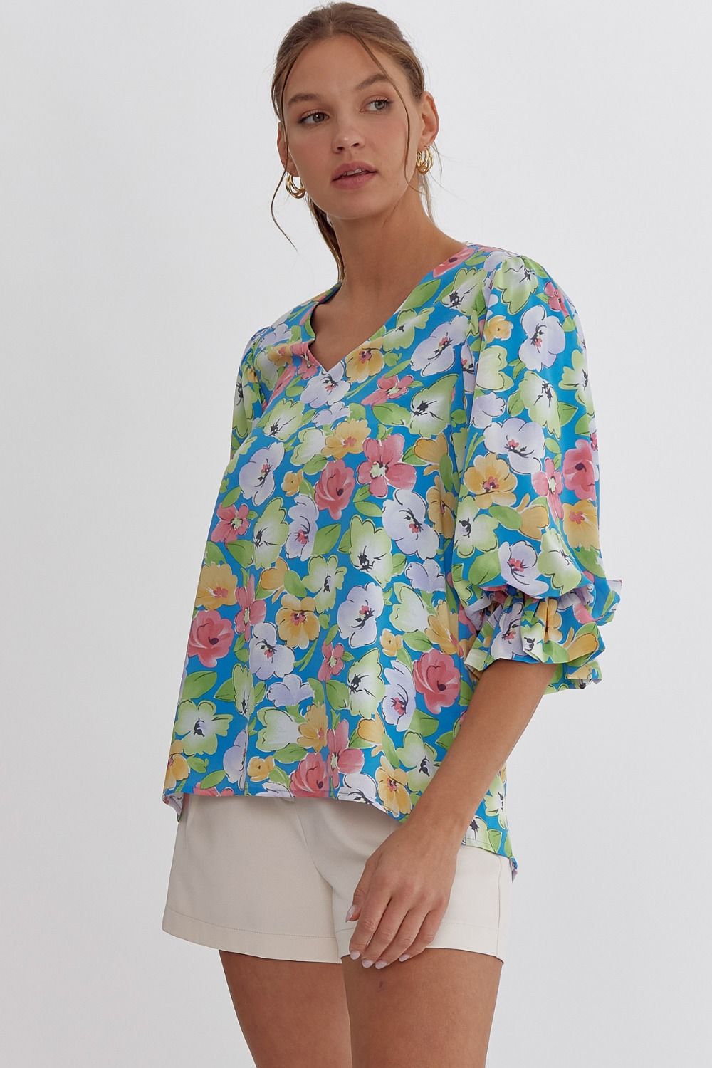 ENTRO INC Women's Top Floral Print V-Neck 3/4 Sleeve Top || David's Clothing