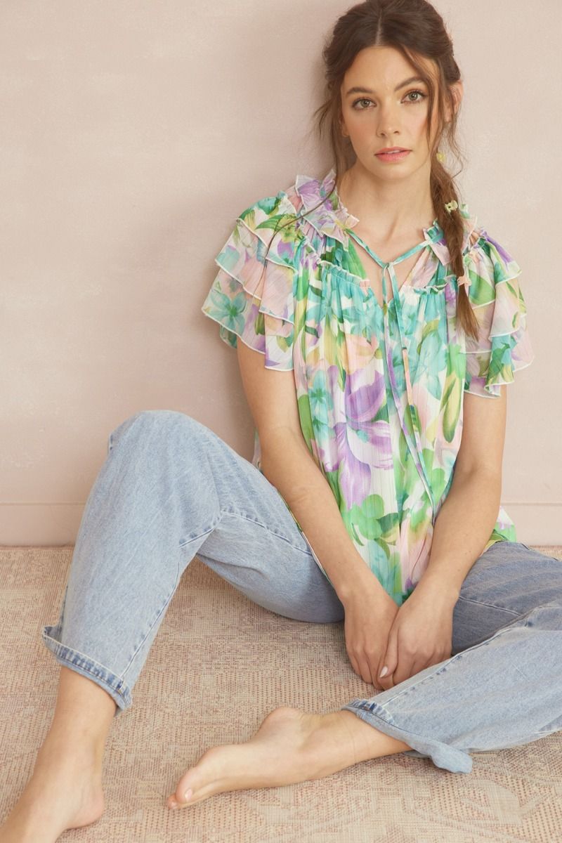 ENTRO INC Women's Top Floral Print V-neck Ruffle Sleeve Top || David's Clothing