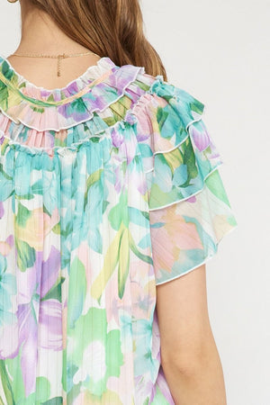 ENTRO INC Women's Top Floral Print V-neck Ruffle Sleeve Top || David's Clothing