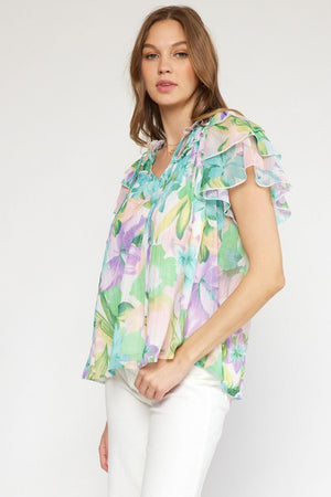 ENTRO INC Women's Top Floral Print V-neck Ruffle Sleeve Top || David's Clothing