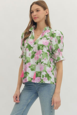 ENTRO INC Women's Top Floral Puff-Sleeve Top