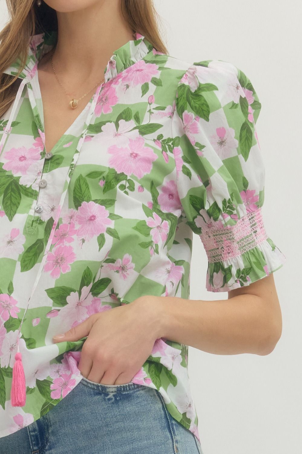 ENTRO INC Women's Top Floral Puff-Sleeve Top