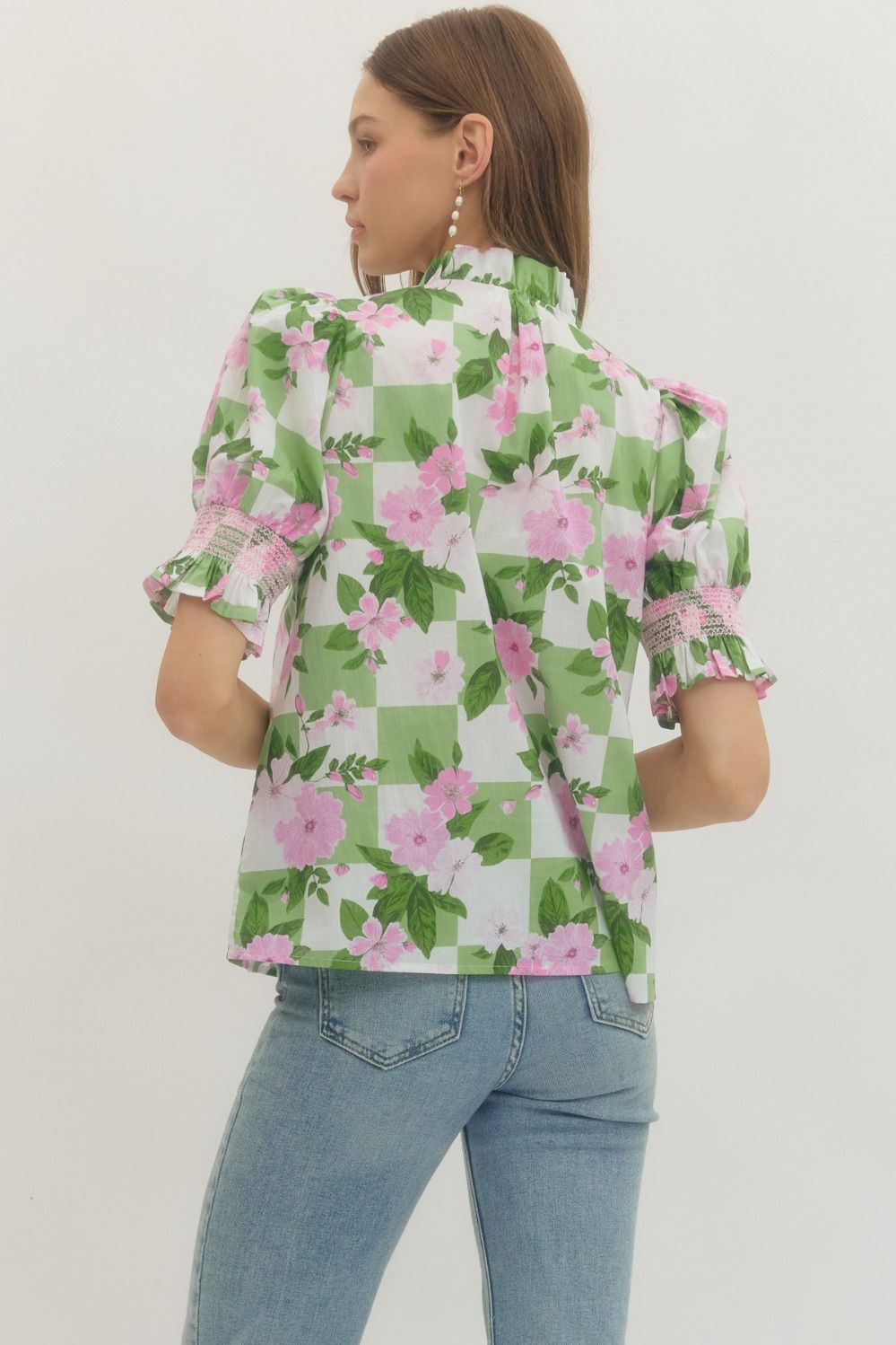 ENTRO INC Women's Top Floral Puff-Sleeve Top