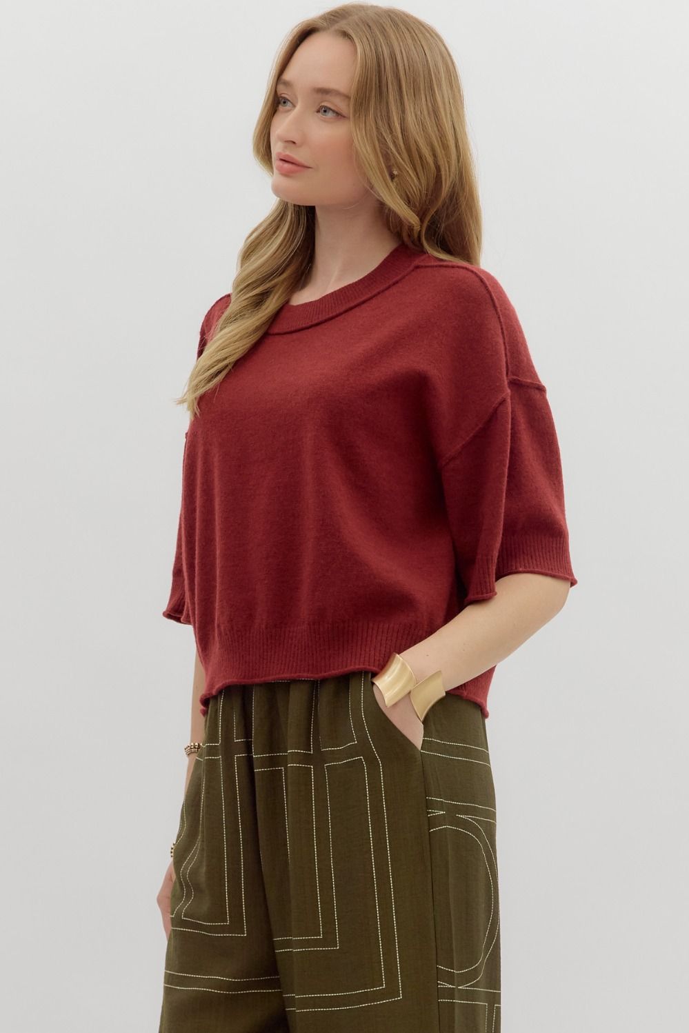 ENTRO INC Women's Top GARNET / S Solid Sweater Knit ¾ Wide Sleeve Pullover T27618