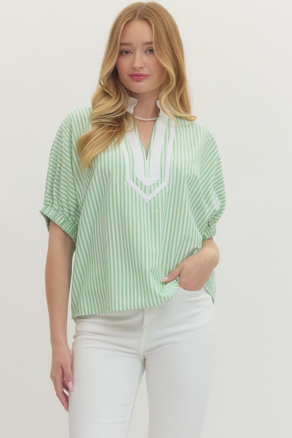 ENTRO INC Women's Top GREEN / S Striped Short Dolman Sleeve Top T27620