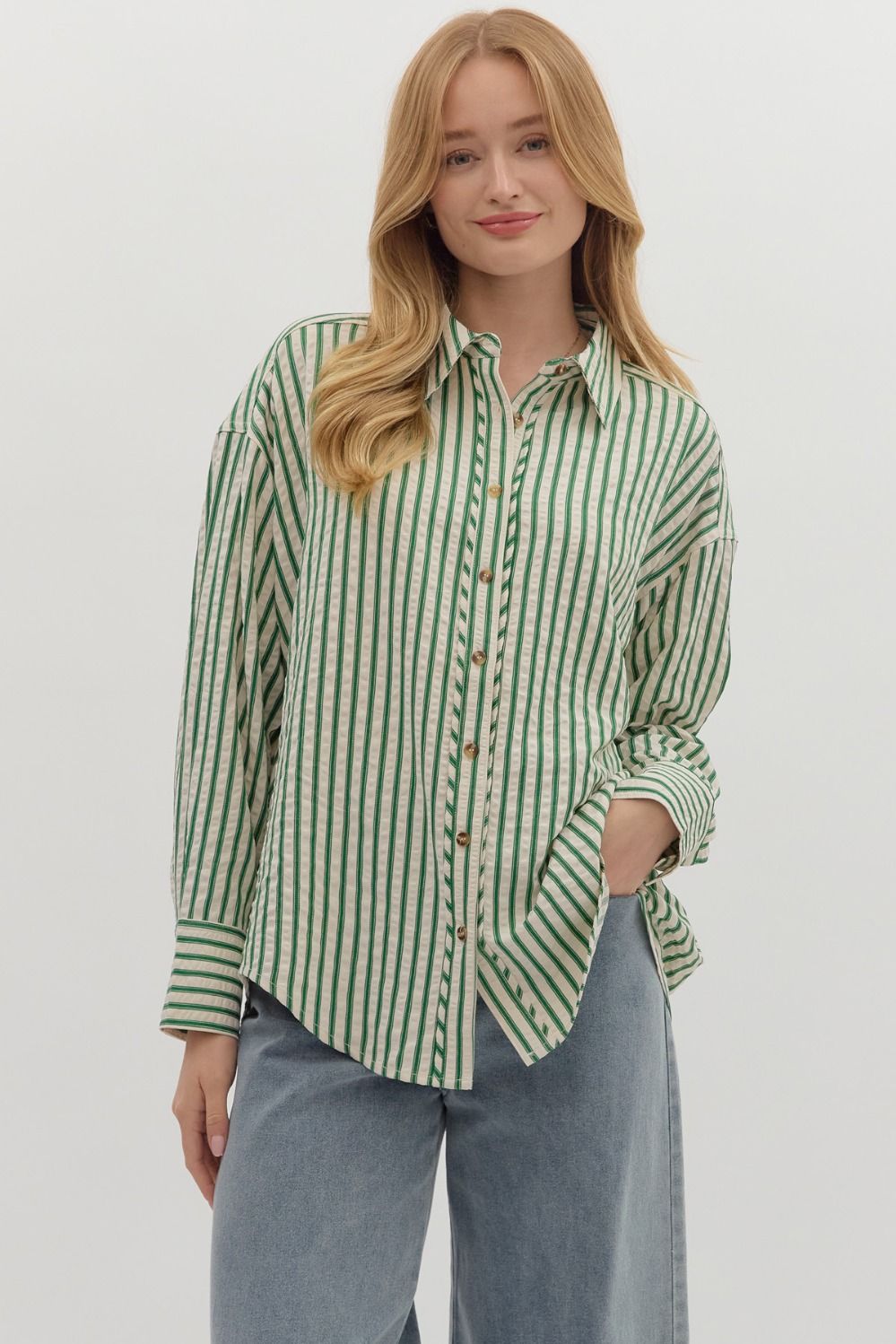 ENTRO INC Women's Top GREEN / S Textured Striped Long Sleeve Button Down Collar Shirt T27667
