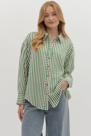 ENTRO INC Women's Top GREEN / S Textured Striped Long Sleeve Button Down Collar Shirt T27667