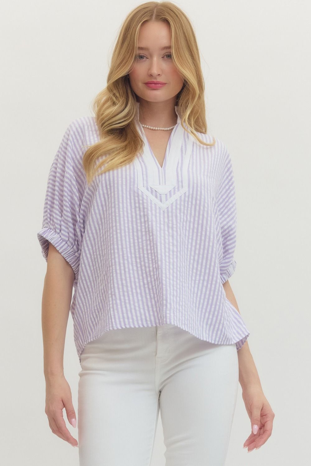 ENTRO INC Women's Top LAVENDER / S Striped Short Dolman Sleeve Top T27620