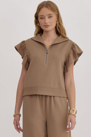 ENTRO INC Women's Top MOCHA / S Textured Solid Ruffle Sleeve Top || David's Clothing T23793