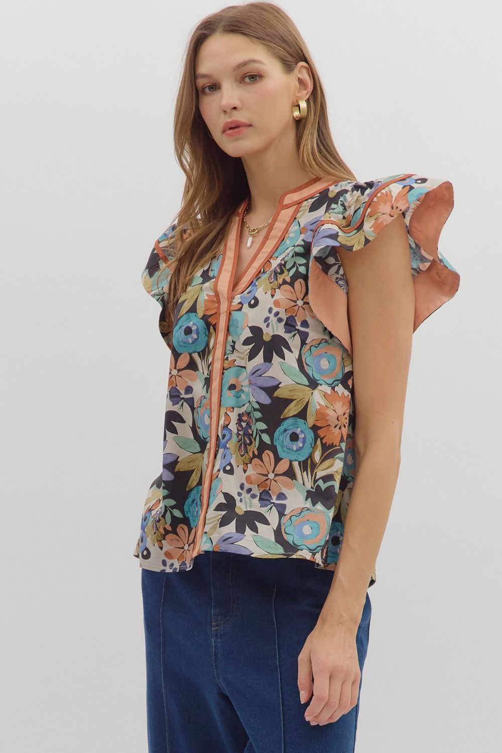 ENTRO INC Women's Top Multi-Floral Print Flutter Ruffle Sleeve Top || David's Clothing