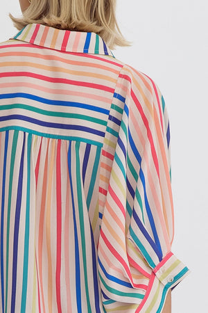 ENTRO INC Women's Top Multicolor Stripe Button Down Half Sleeve Collared Top || David's Clothing