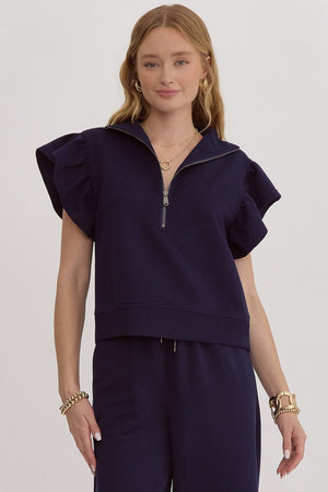 ENTRO INC Women's Top NAVY / S Textured Solid Ruffle Sleeve Top || David's Clothing T23793