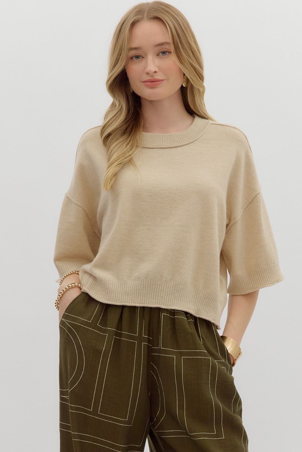 ENTRO INC Women's Top OATMEAL / S Solid Sweater Knit ¾ Wide Sleeve Pullover T27618