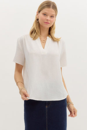 ENTRO INC Women's Top OFFWHITE / S Classic Split V-Neck Short Sleeve Pullover Top || David's Clothing T27130