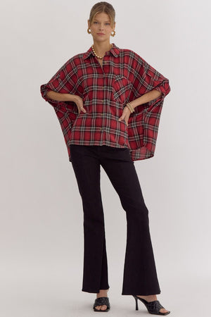 ENTRO INC Women's Top Oversize Plaid Button Down Half Sleeve Top || David's Clothing