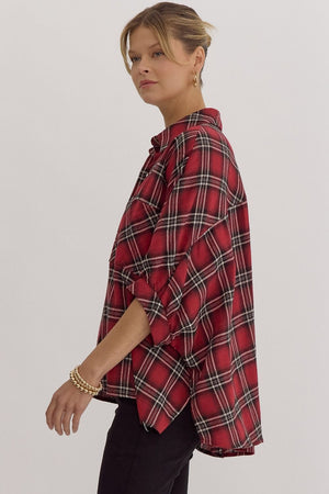 ENTRO INC Women's Top Oversize Plaid Button Down Half Sleeve Top || David's Clothing