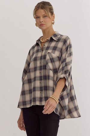 ENTRO INC Women's Top Oversize Plaid Button Down Half Sleeve Top || David's Clothing