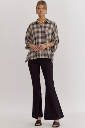 ENTRO INC Women's Top Oversize Plaid Button Down Half Sleeve Top || David's Clothing