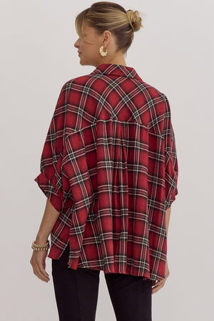 ENTRO INC Women's Top Oversize Plaid Button Down Half Sleeve Top || David's Clothing