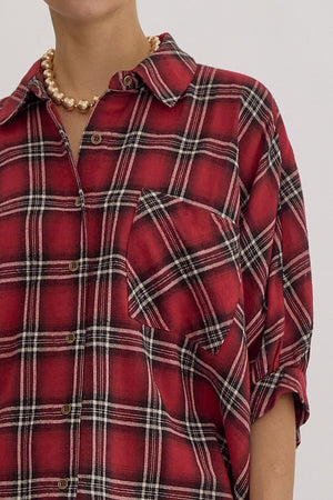 ENTRO INC Women's Top Oversize Plaid Button Down Half Sleeve Top || David's Clothing