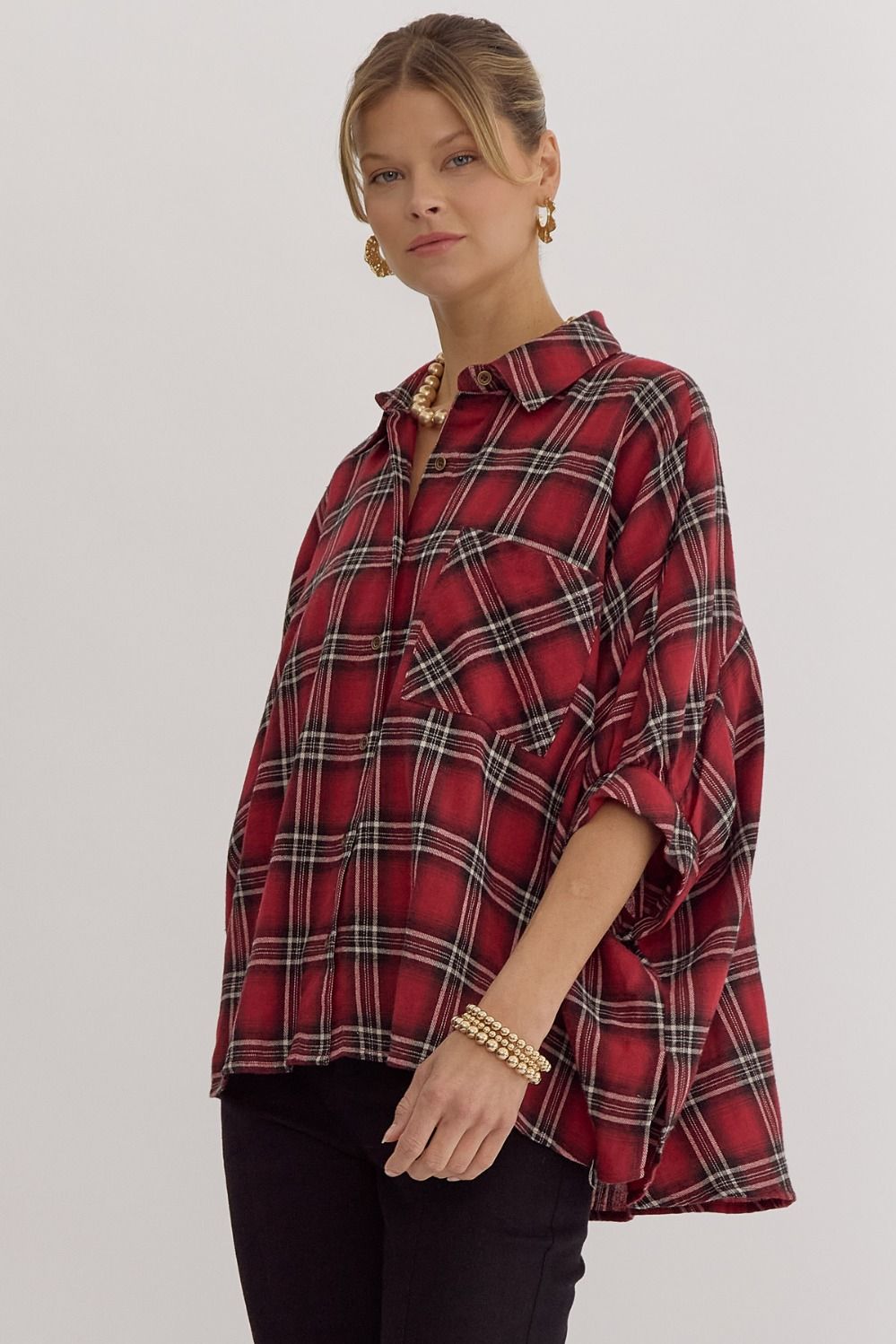 ENTRO INC Women's Top RED / S Oversize Plaid Button Down Half Sleeve Top || David's Clothing T24179