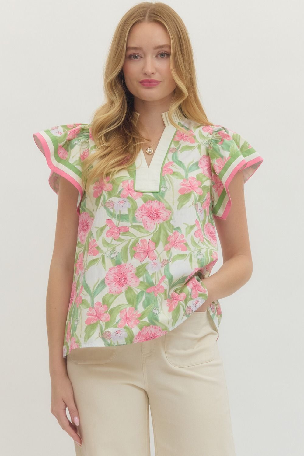 ENTRO INC Women's Top PINK / S Floral print flutter sleeve top T29552