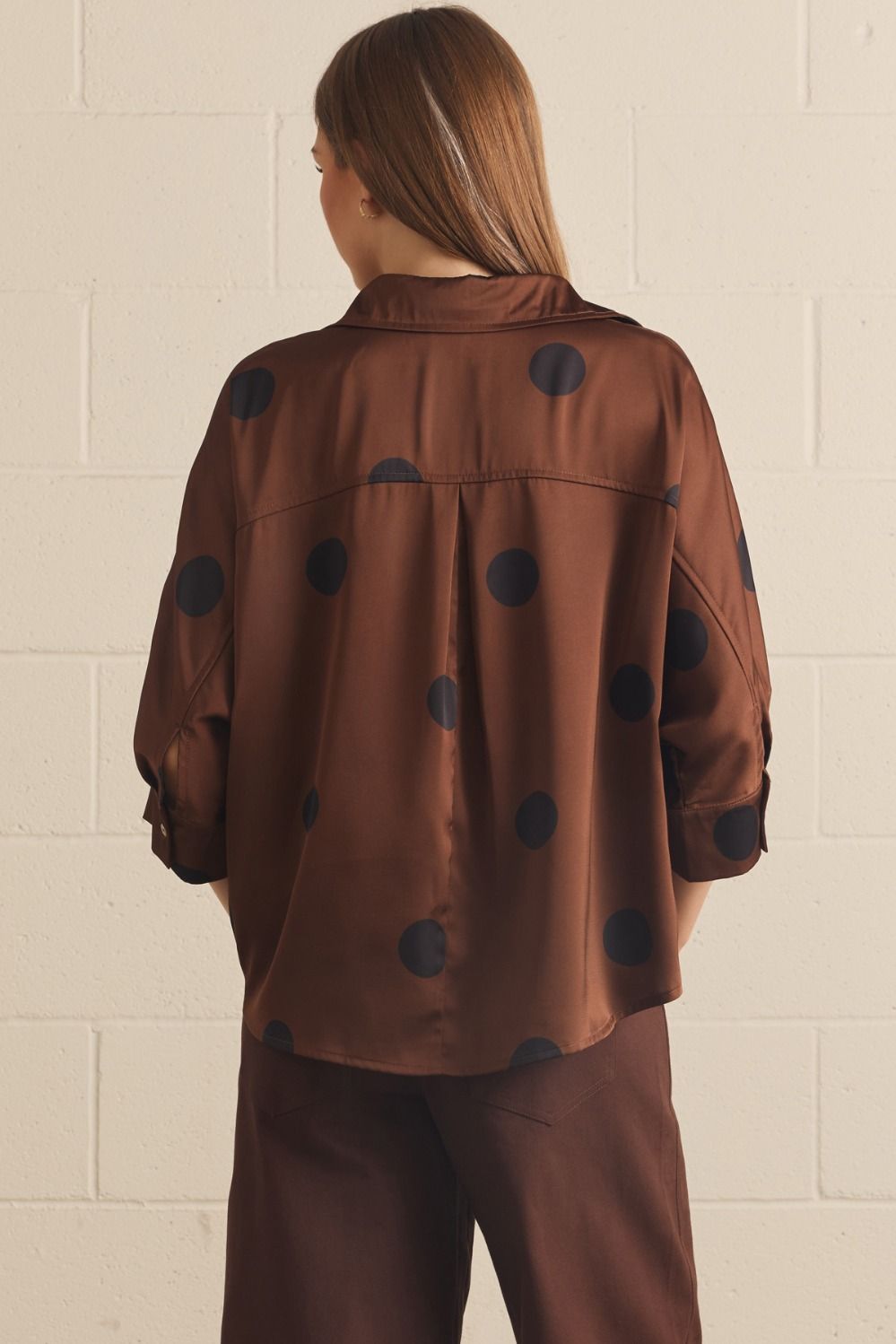 ENTRO INC Women's Top Polka Dot Collared 3/4 Sleeve Button Top