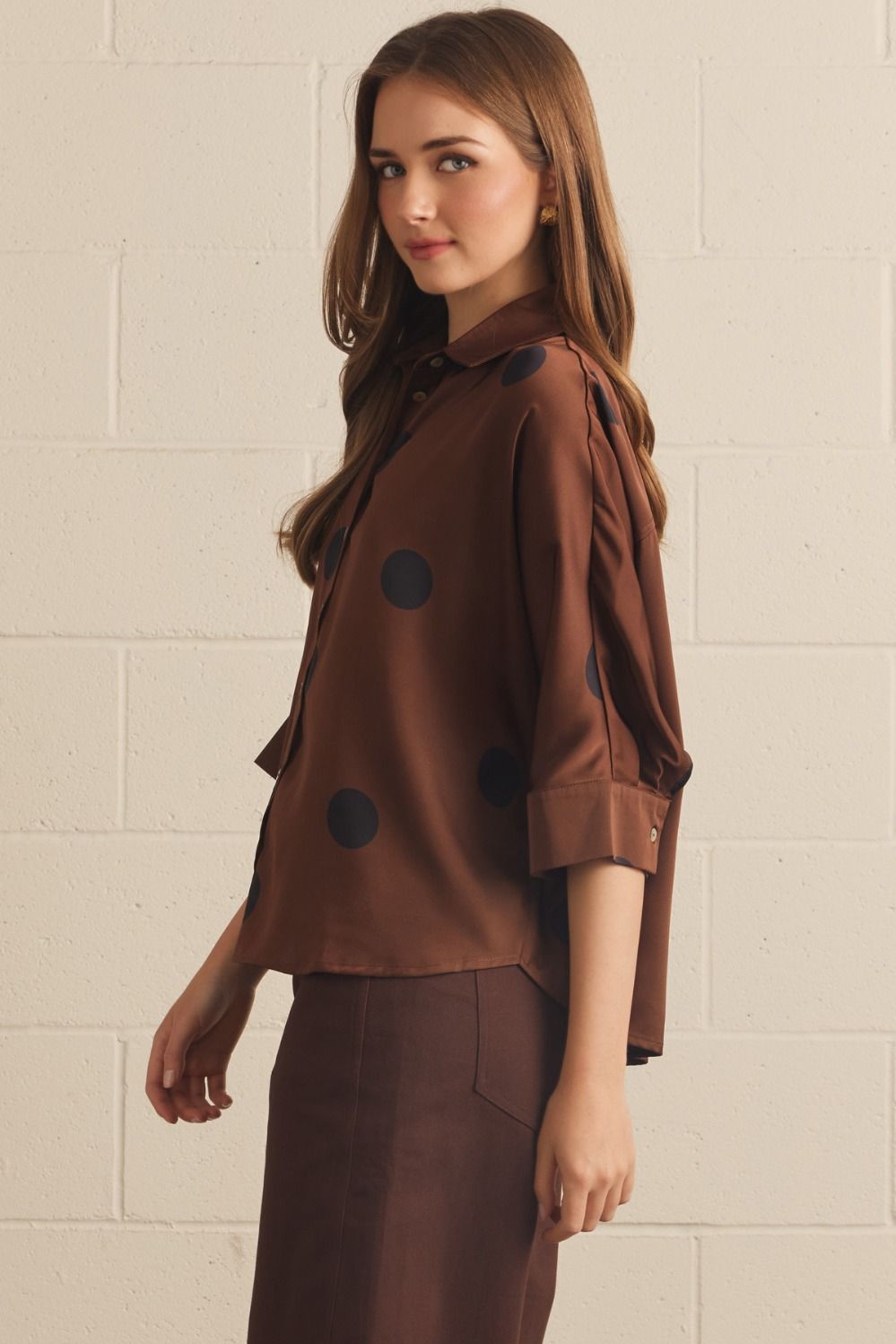 ENTRO INC Women's Top Polka Dot Collared 3/4 Sleeve Button Top