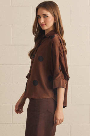 ENTRO INC Women's Top Polka Dot Collared 3/4 Sleeve Button Top