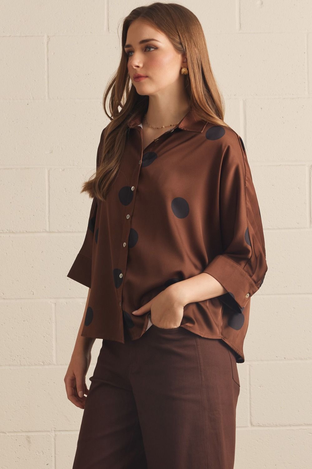 ENTRO INC Women's Top Polka Dot Collared 3/4 Sleeve Button Top