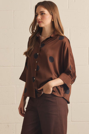 ENTRO INC Women's Top Polka Dot Collared 3/4 Sleeve Button Top
