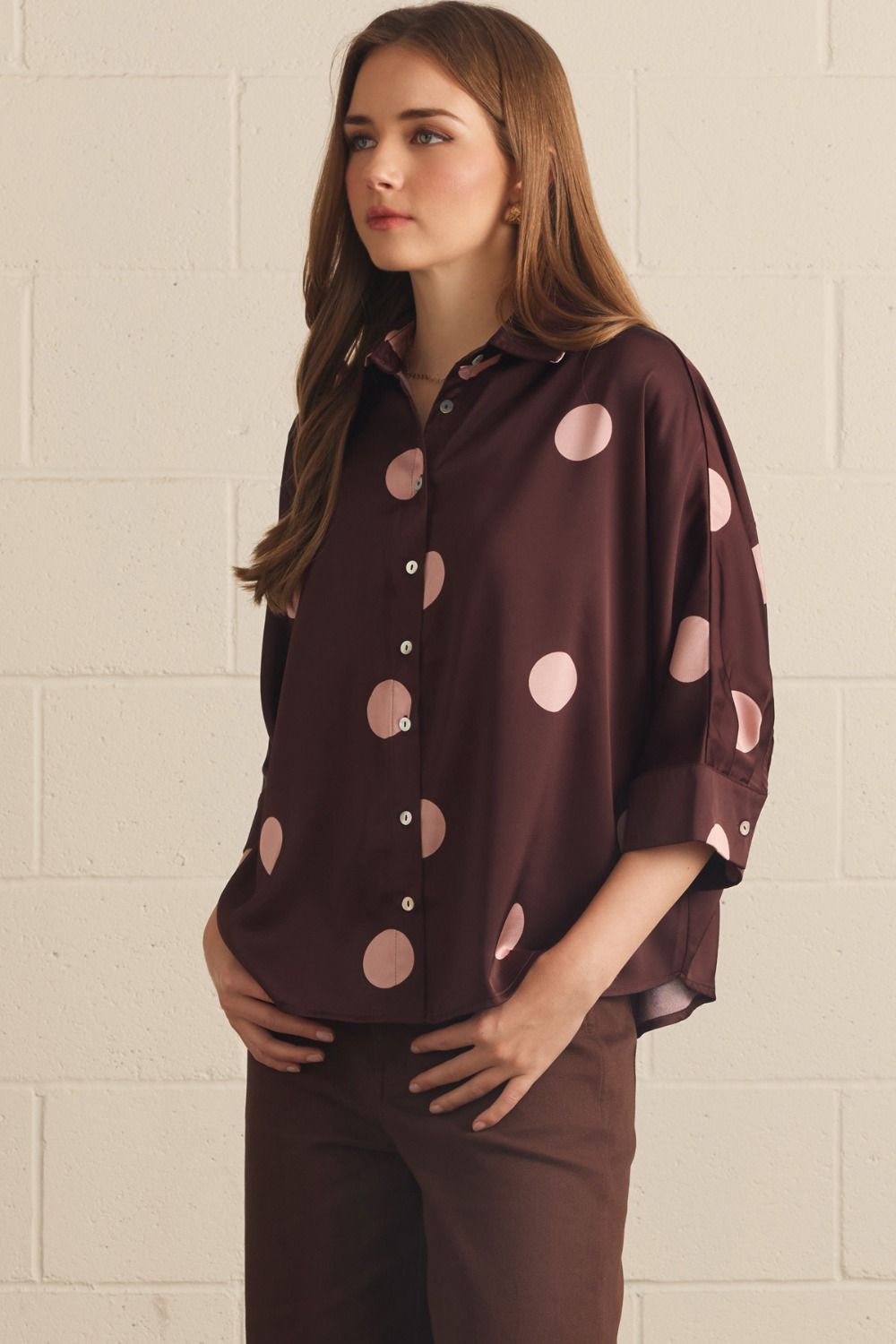 ENTRO INC Women's Top Polka Dot Collared 3/4 Sleeve Button Top