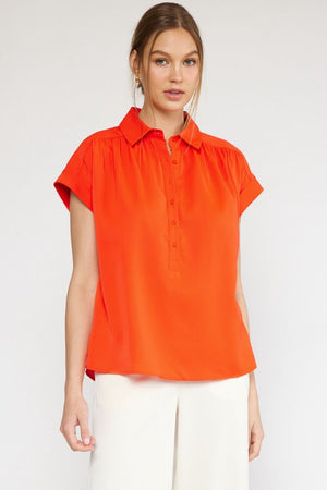 ENTRO INC Women's Top RED / S Collared Button Up Short Sleeve Top || David's Clothing T19756